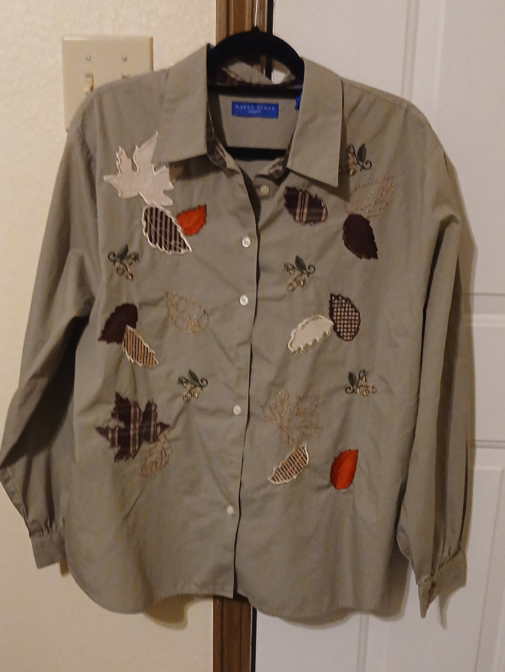 Karen Scott Neutral Olive Button-Down Shirt with Beautiful Fall Trim